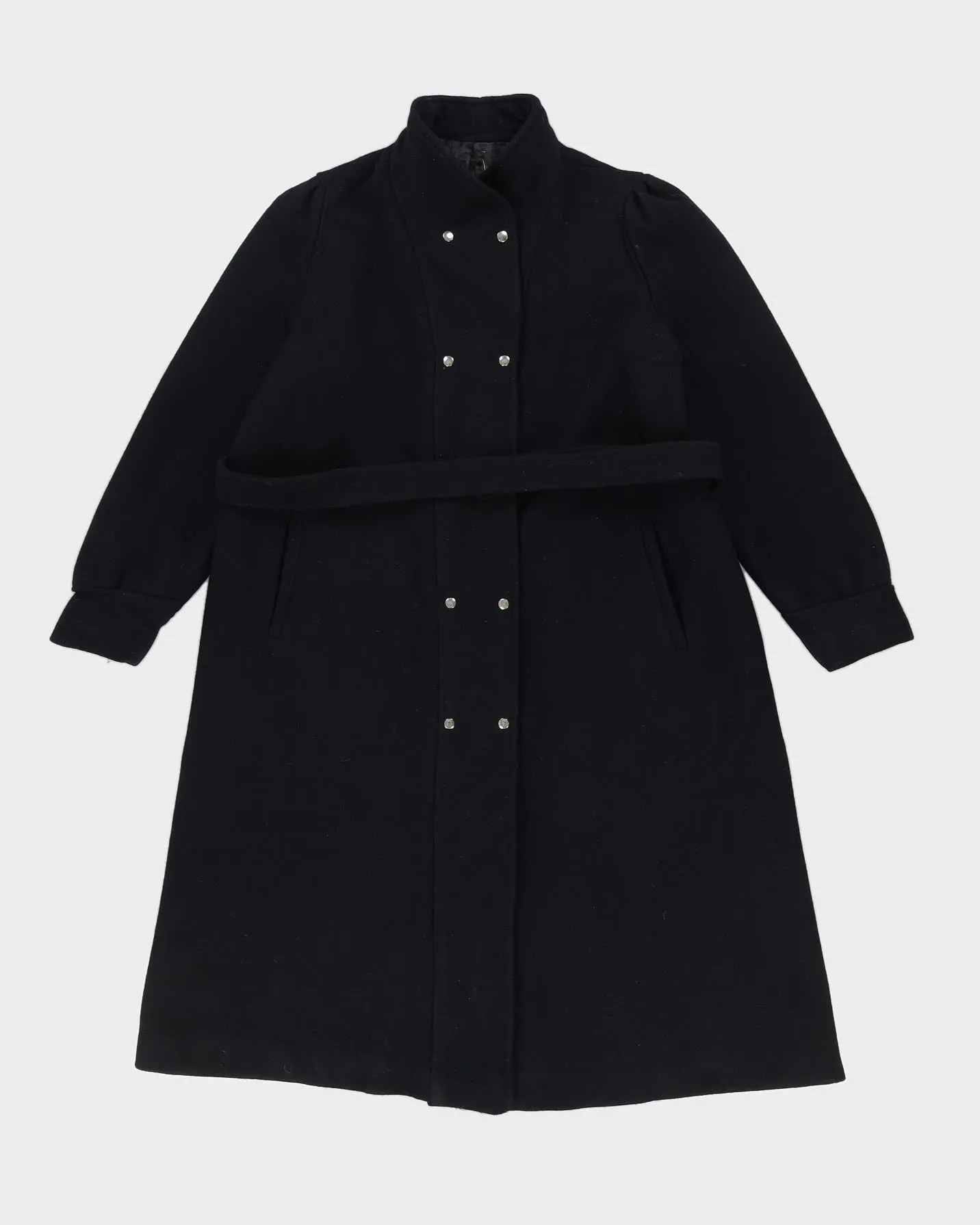 00s Black Wool Belted Overcoat - M