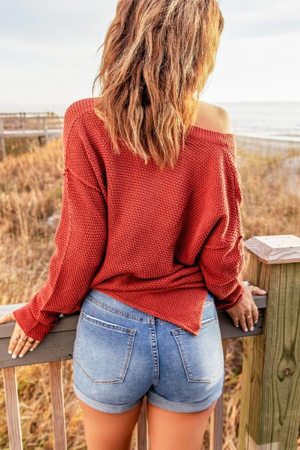 Andrea Buttoned Drop Shoulder Slit Sweater