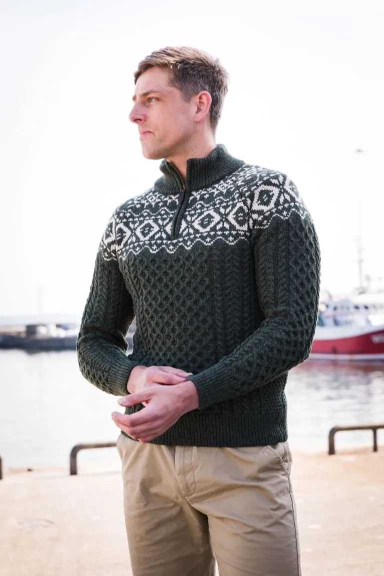 Aran Half Zip Jacquard Sweater | Green