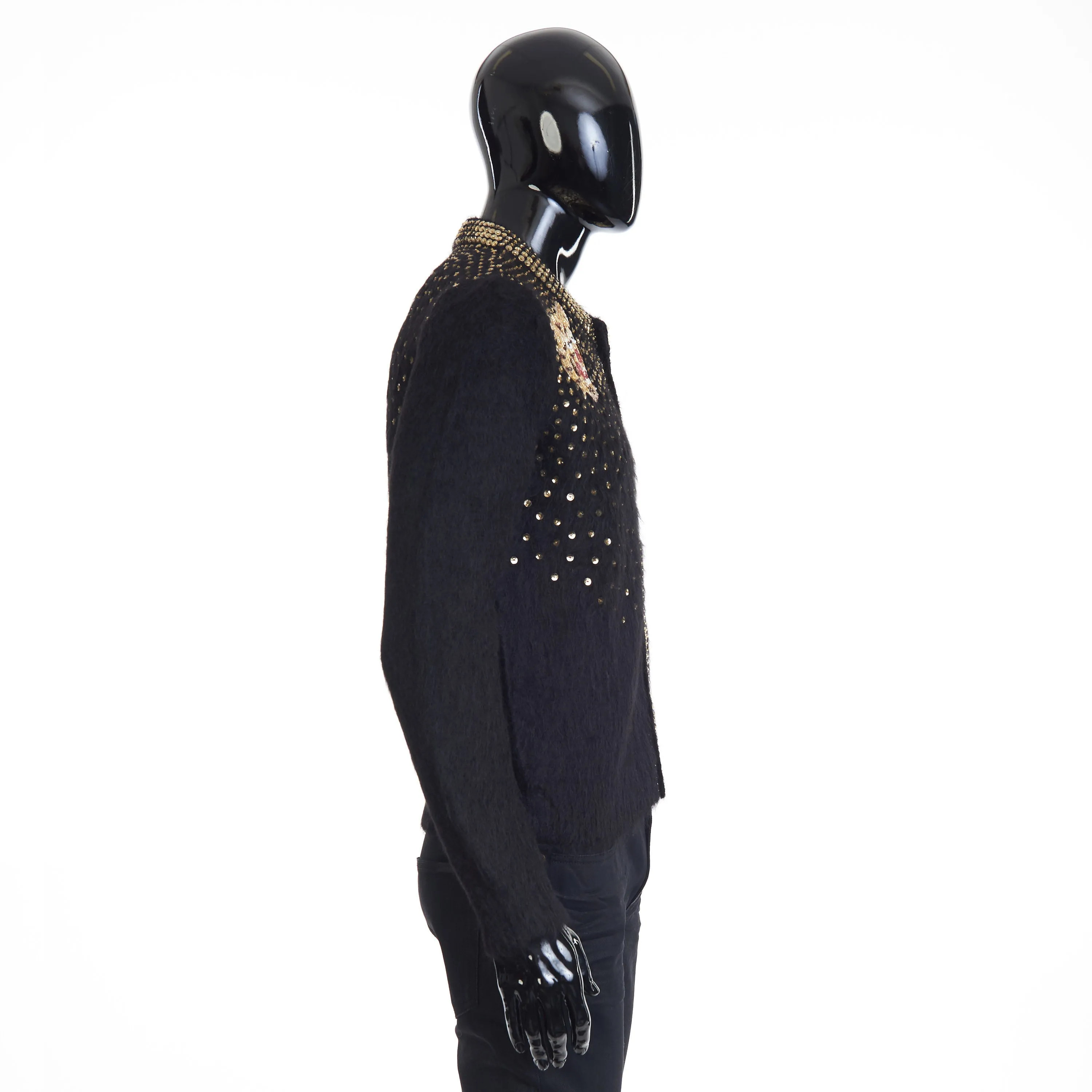 Black Cardigan - Sequin Tiger Embroidery, Brushed Alpaca