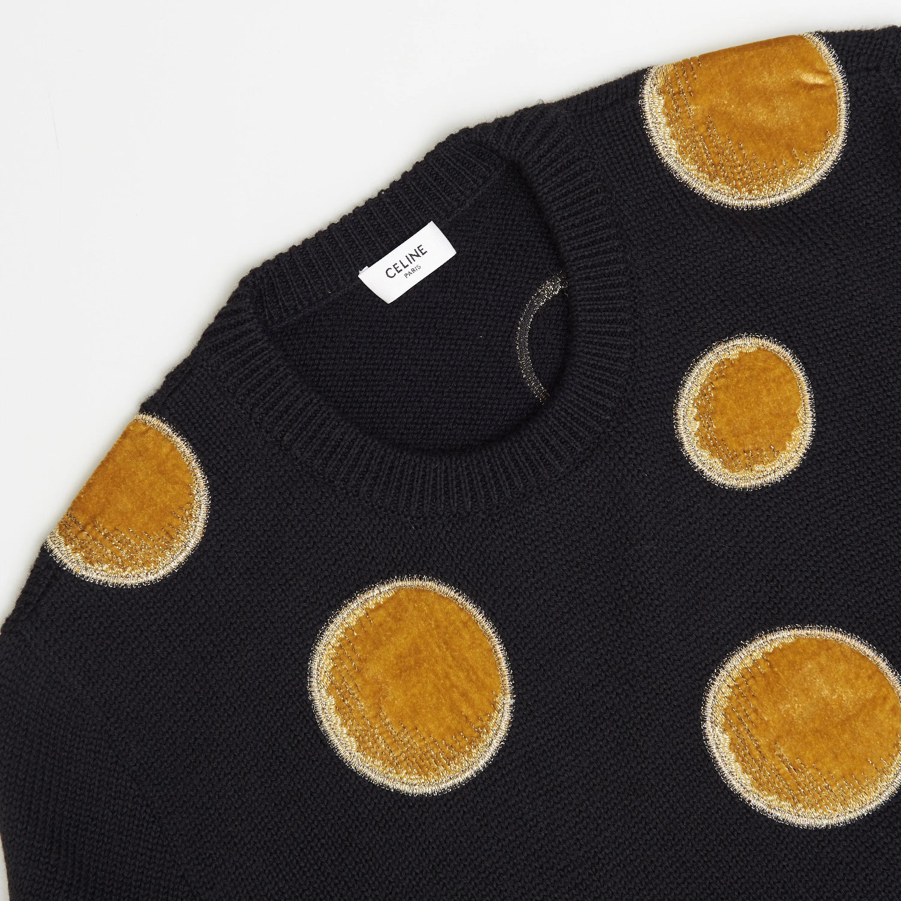 Black Crew Neck Knit Sweater - Velvet Inserts, Wool