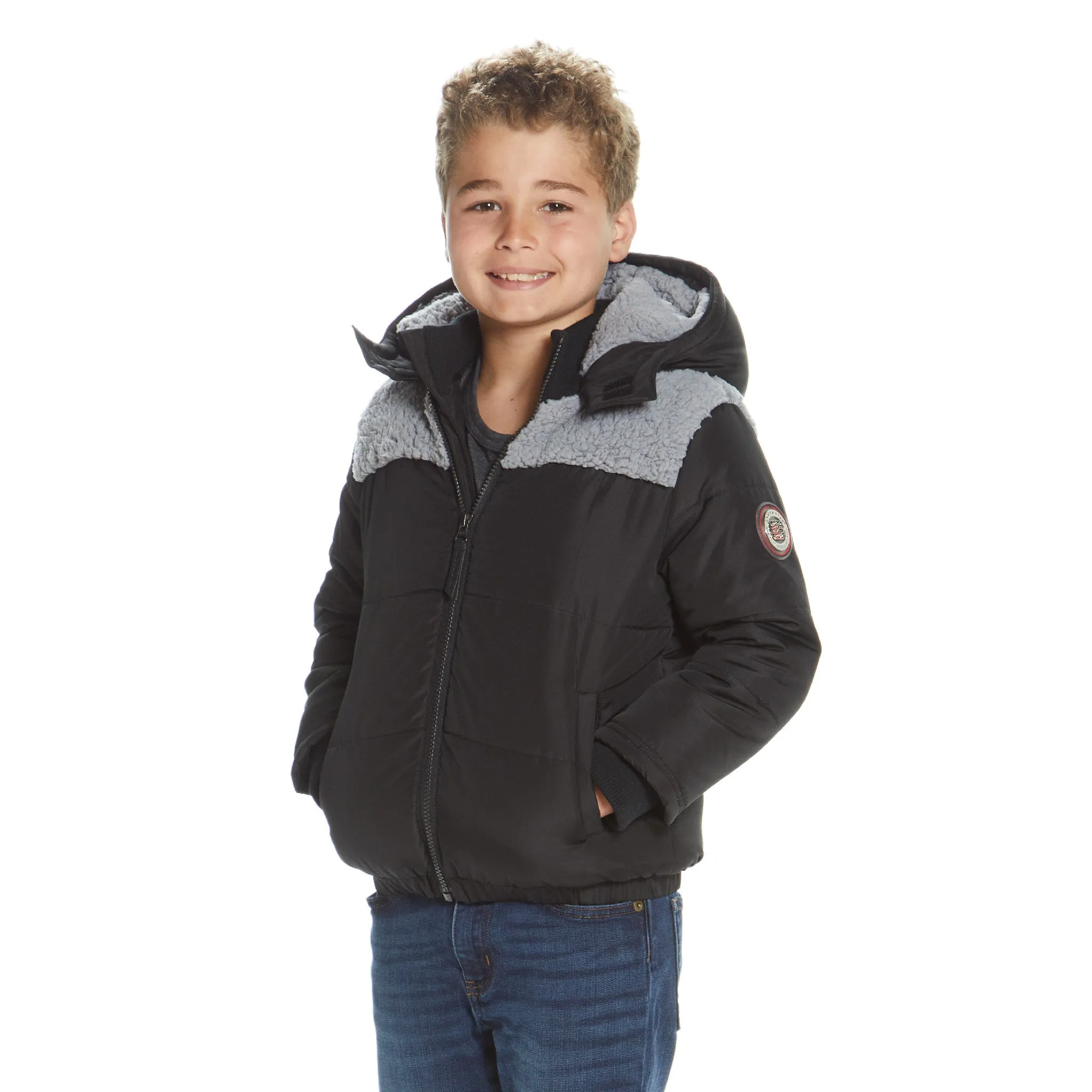 Boys Black Sherpa Shoulder Puffer Coat