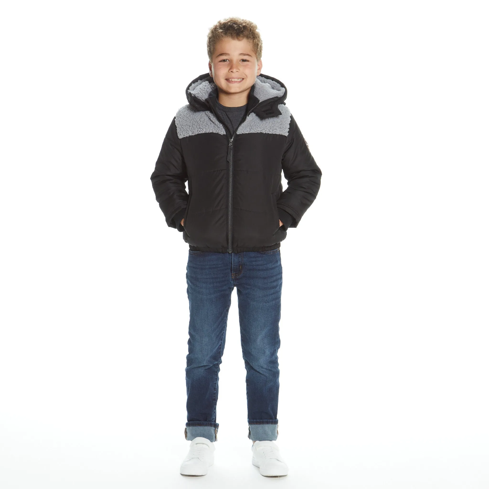 Boys Black Sherpa Shoulder Puffer Coat