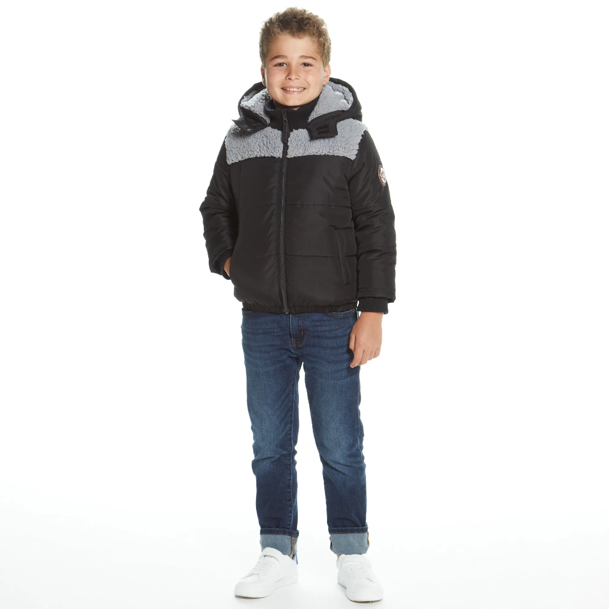 Boys Black Sherpa Shoulder Puffer Coat