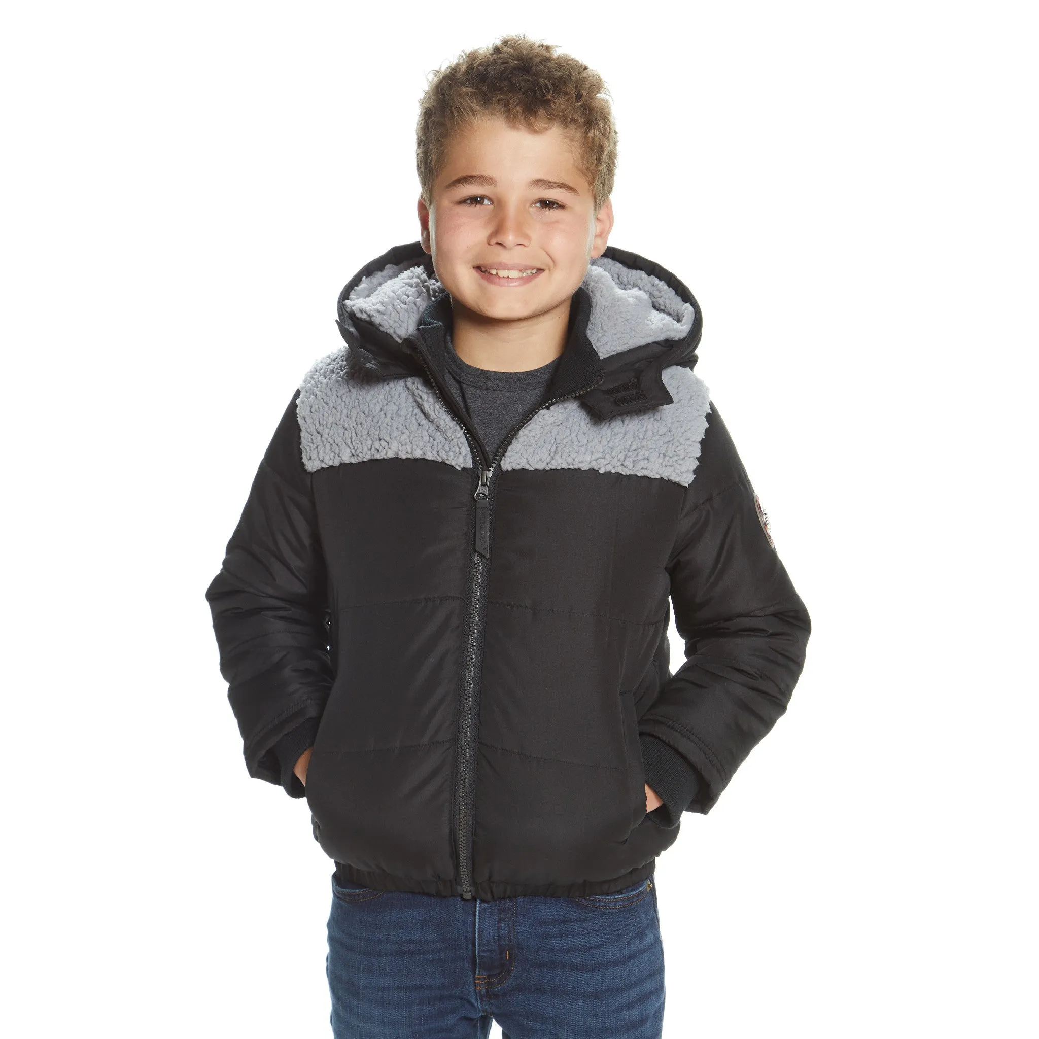 Boys Black Sherpa Shoulder Puffer Coat