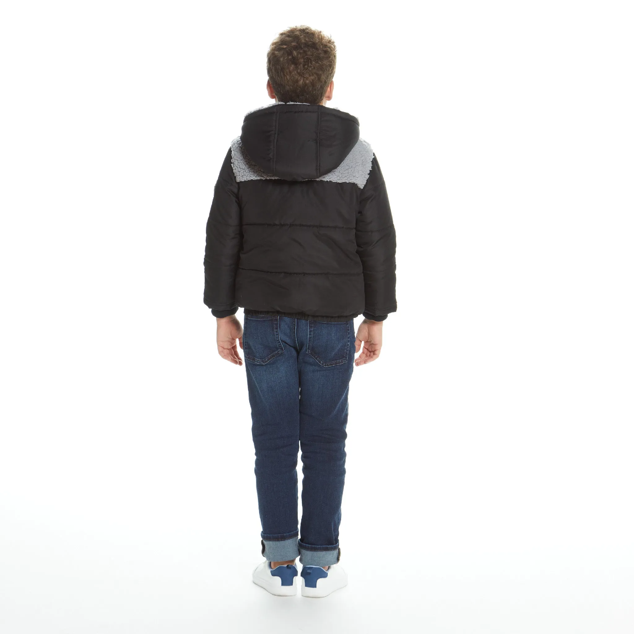 Boys Black Sherpa Shoulder Puffer Coat