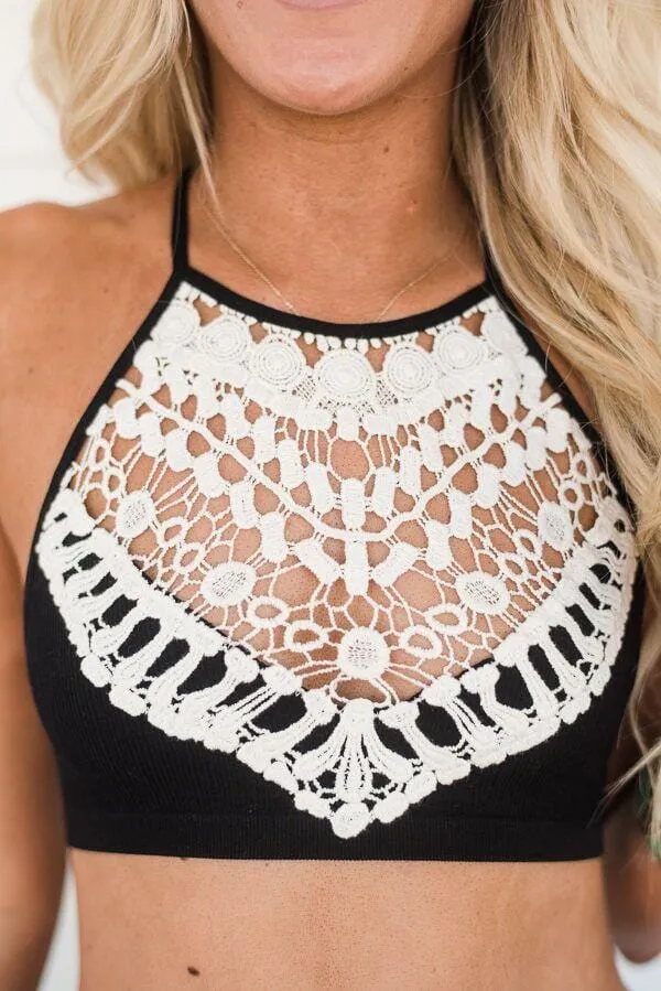 Crochet High Neck Bralette - Black