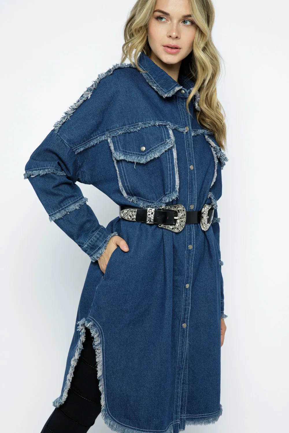 Denim Party Distressed Long Jacket