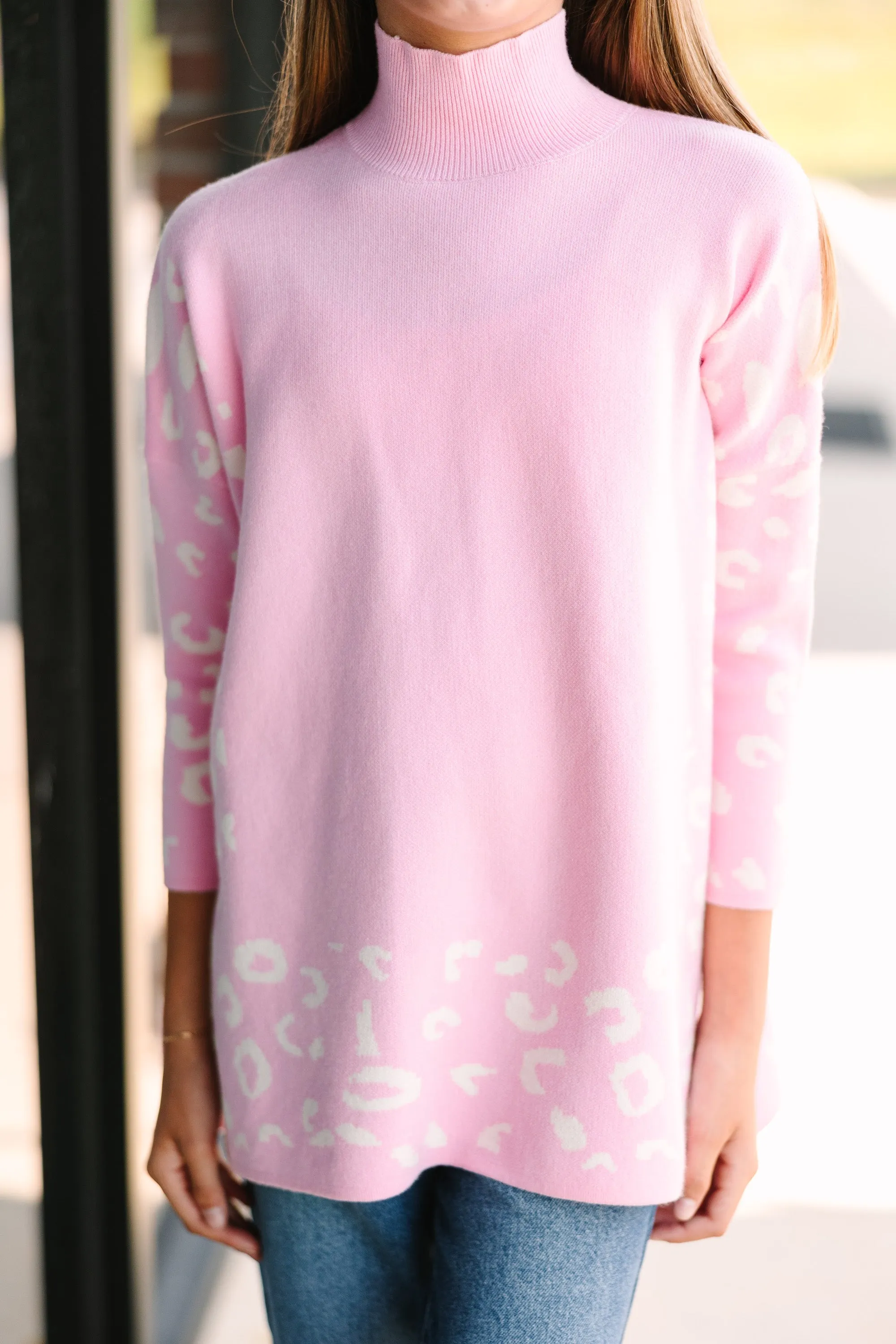 Girls: All In Theory Light Pink Leopard 3/4 Sleeve Sweater Tunic