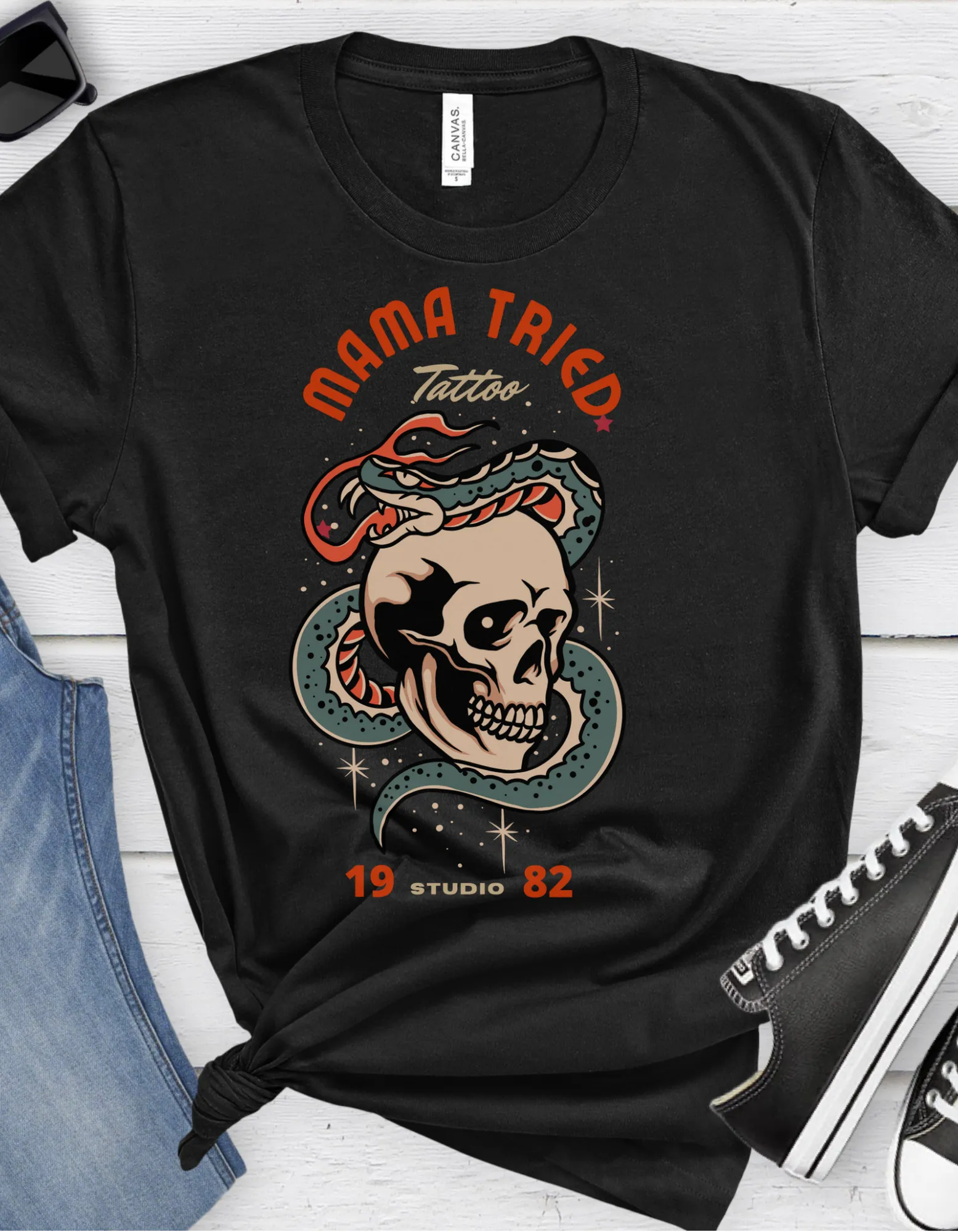 Mama Tried Tattoo studio Snake and Skull Tattoo T-shirt / Vintage Old School Traditional Tattoo Tee Shirt / Punk Rock Clothing Tshirt