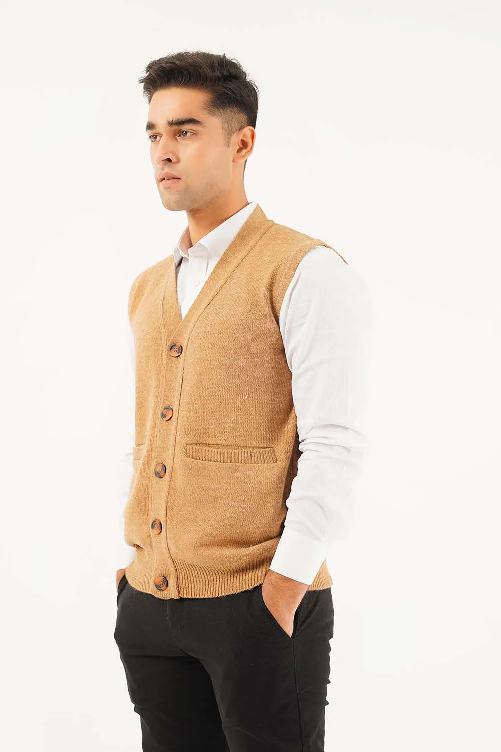 Men's Sleeve Less V-Neck Cardigan Sweater