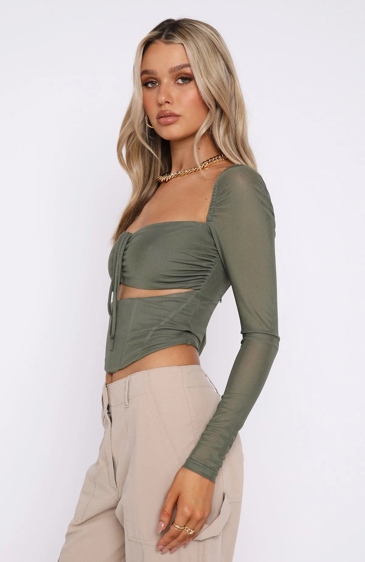 Not Phased Long Sleeve Mesh Bustier Khaki