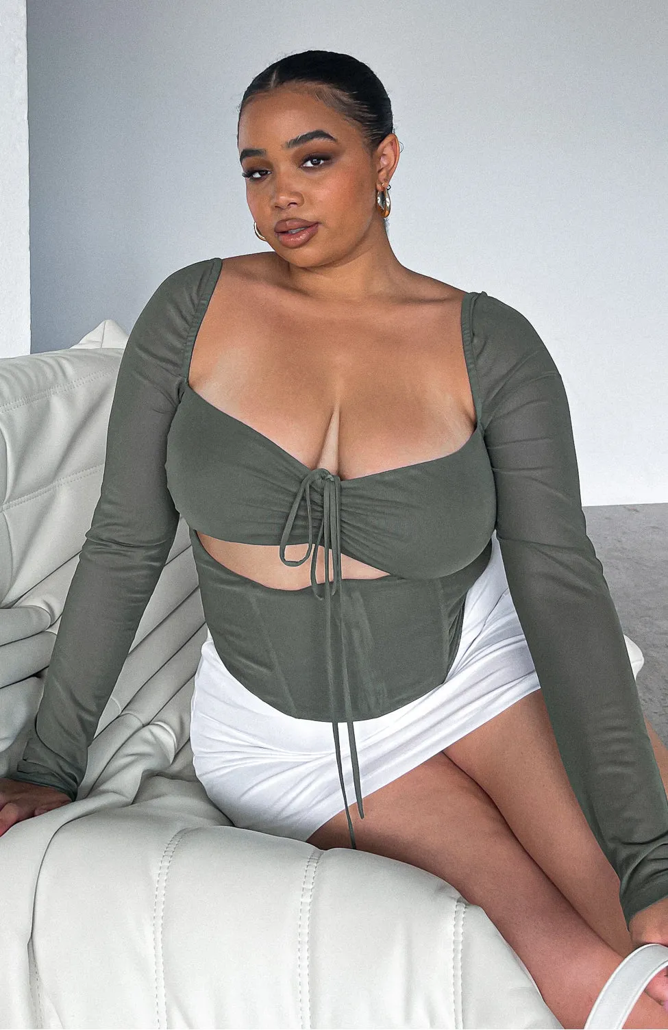 Not Phased Long Sleeve Mesh Bustier Khaki