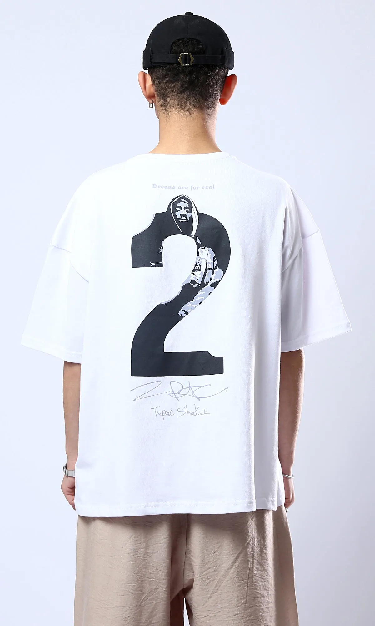 O178403 Front Print & Back Elbow Sleeves Cotton White Tee