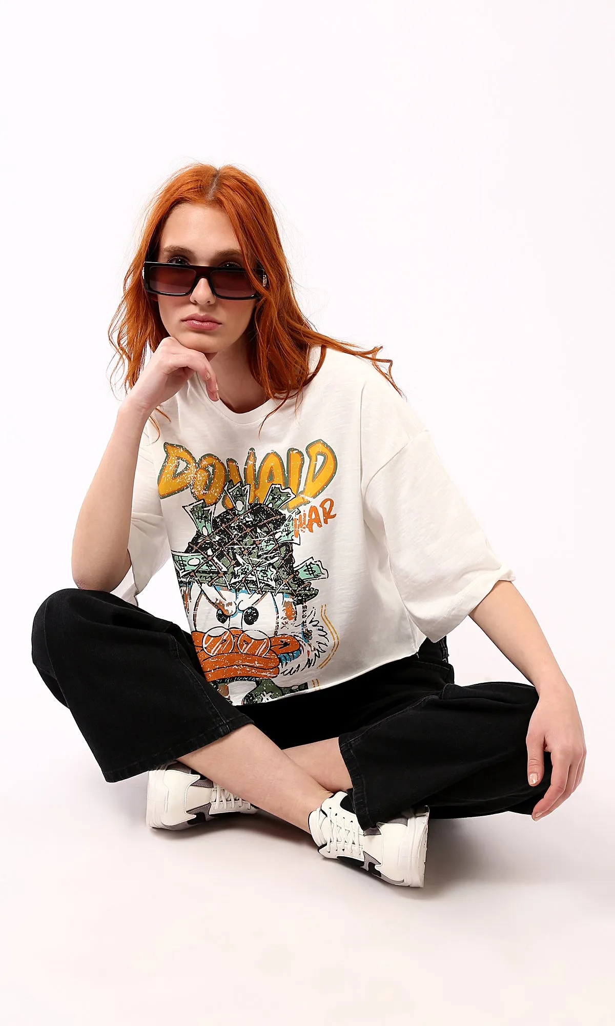 O181685 "Donald" Print Off-White Tee With Crew Neck