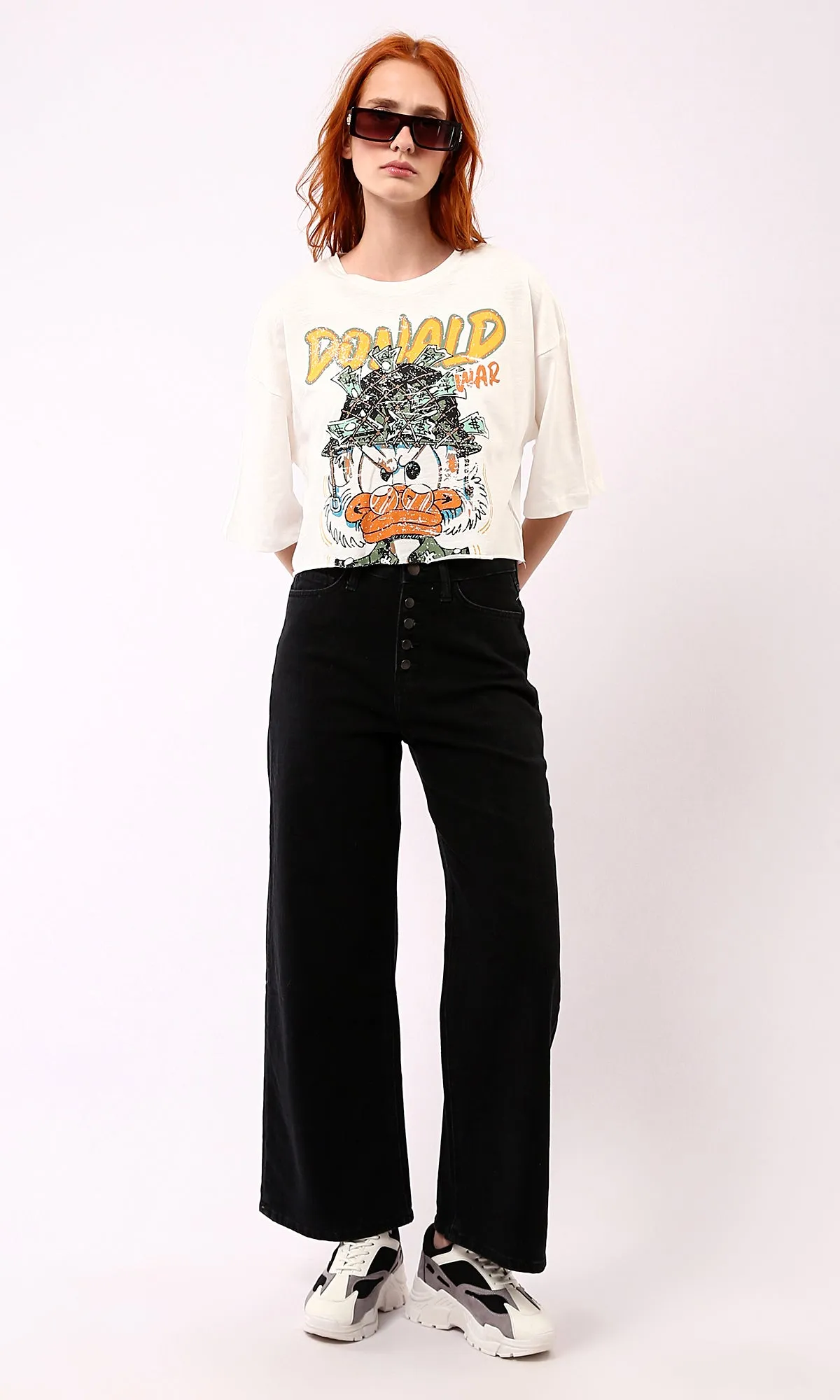 O181685 "Donald" Print Off-White Tee With Crew Neck