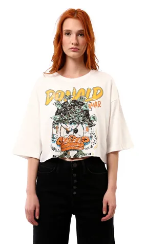 O181685 "Donald" Print Off-White Tee With Crew Neck