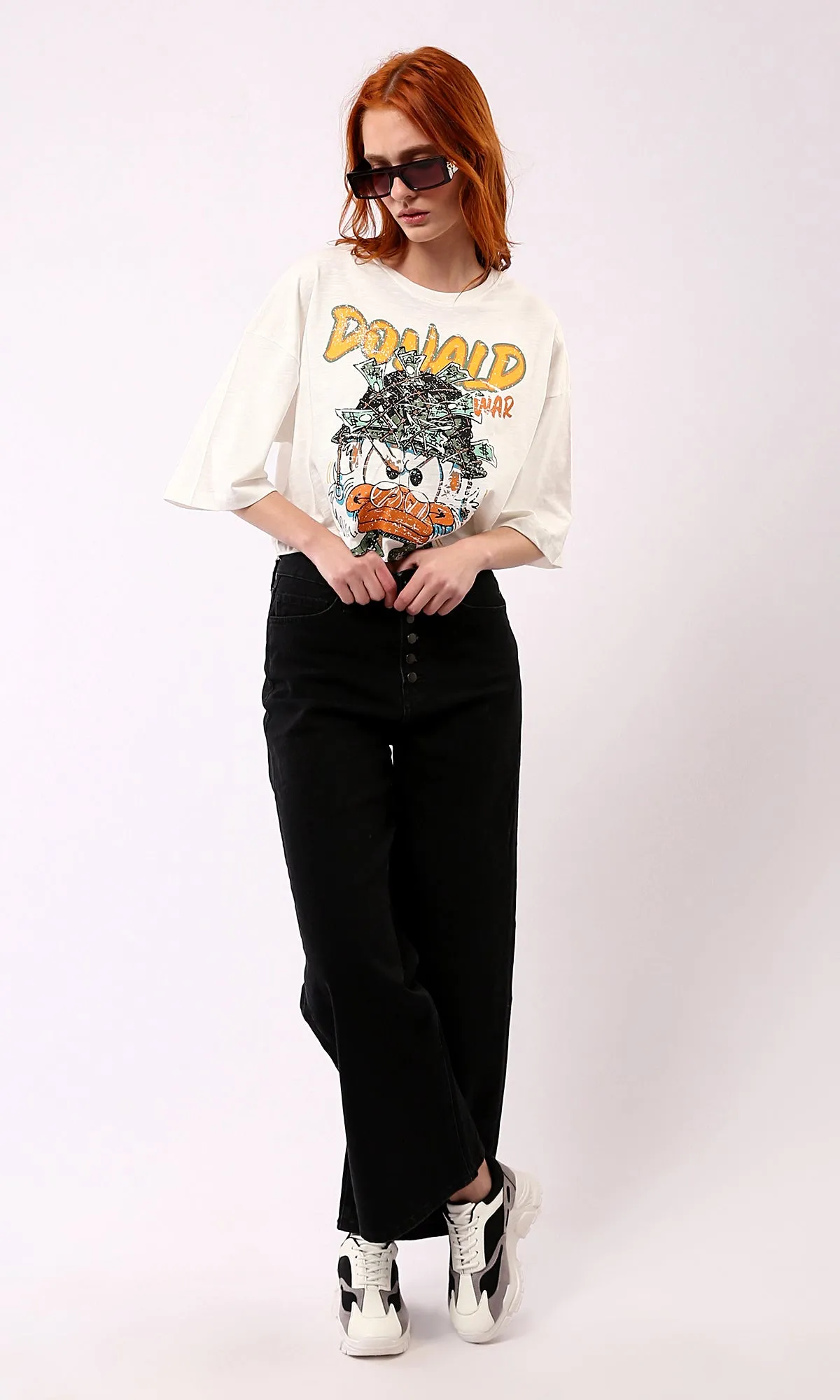 O181685 "Donald" Print Off-White Tee With Crew Neck