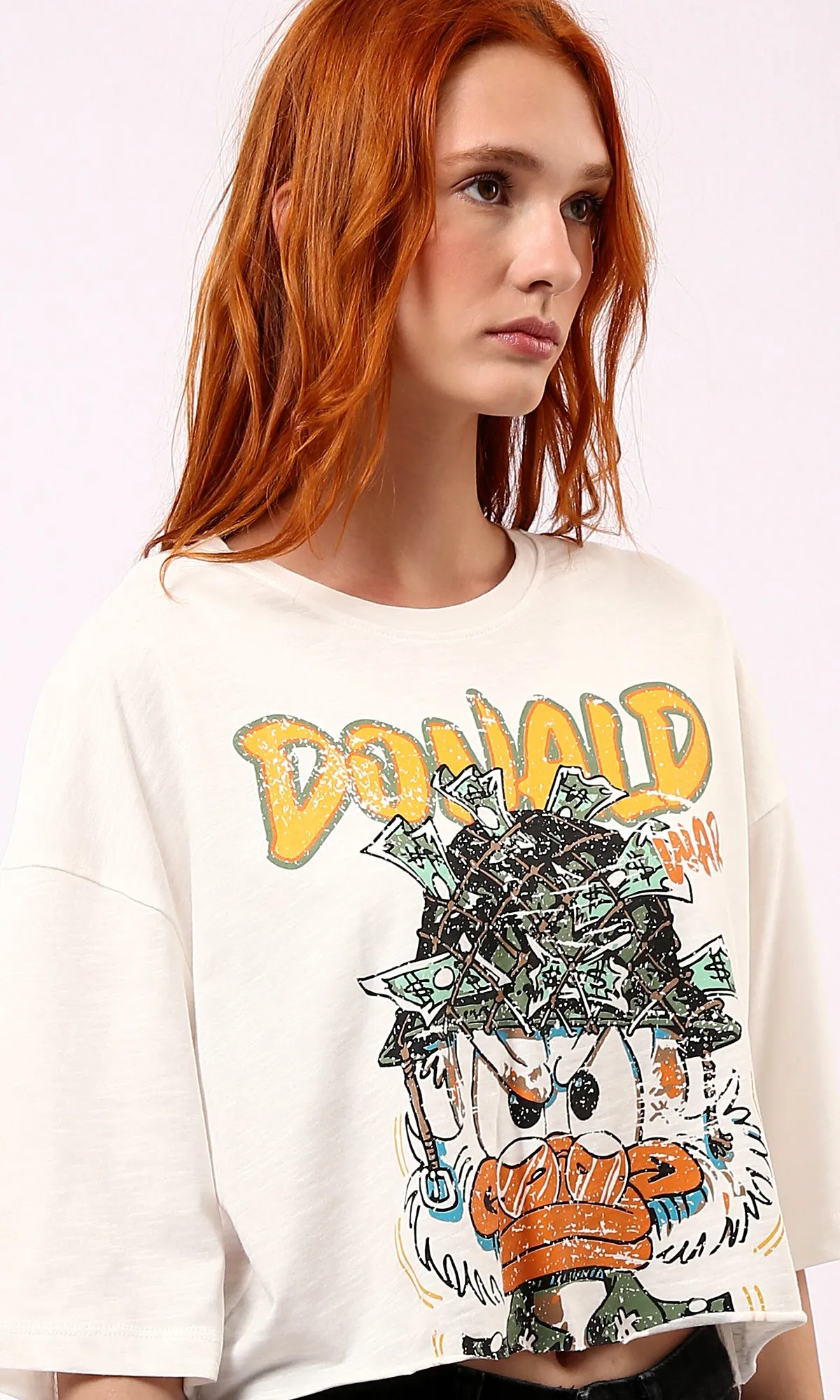 O181685 "Donald" Print Off-White Tee With Crew Neck