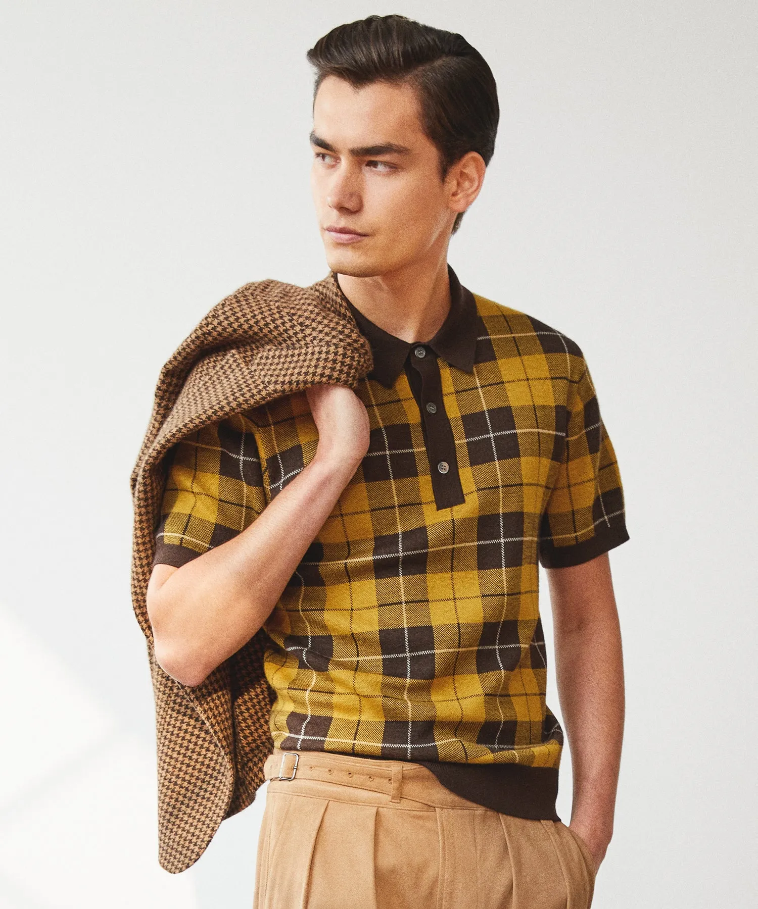 Plaid Merino Polo in Golden Brass