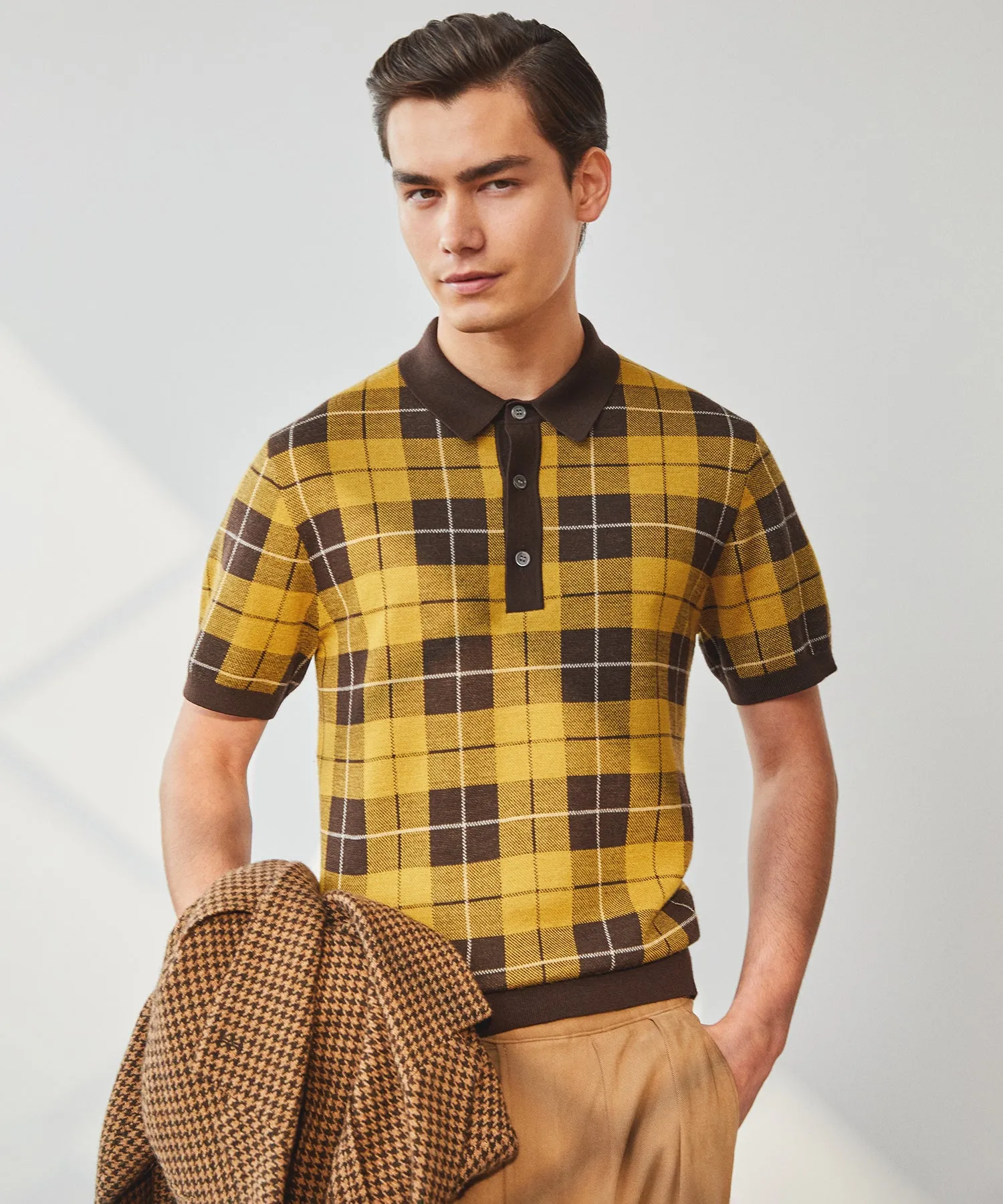 Plaid Merino Polo in Golden Brass