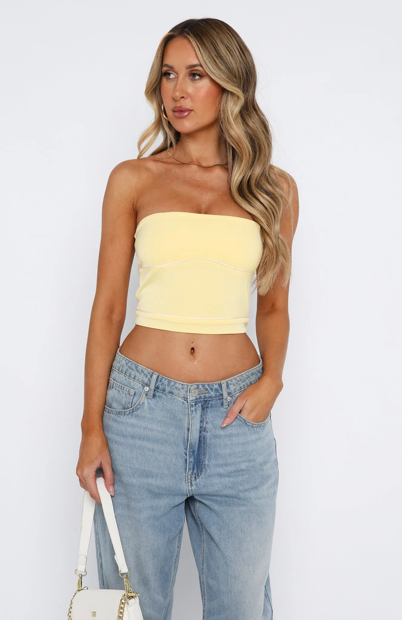 Ride With Me Strapless Crop Lemon/White