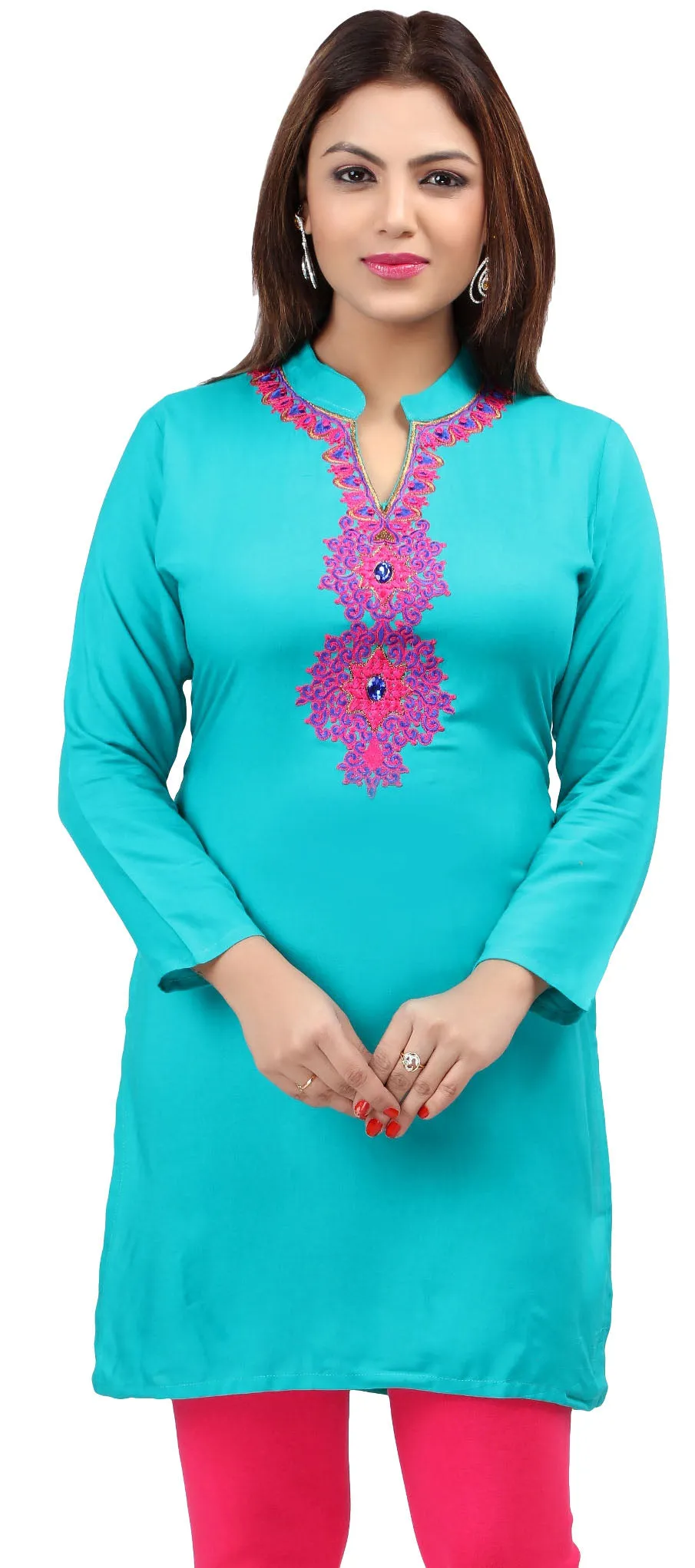 Short Kurti Women's Blouse Embroidered Indian Clothing (Turquoise)