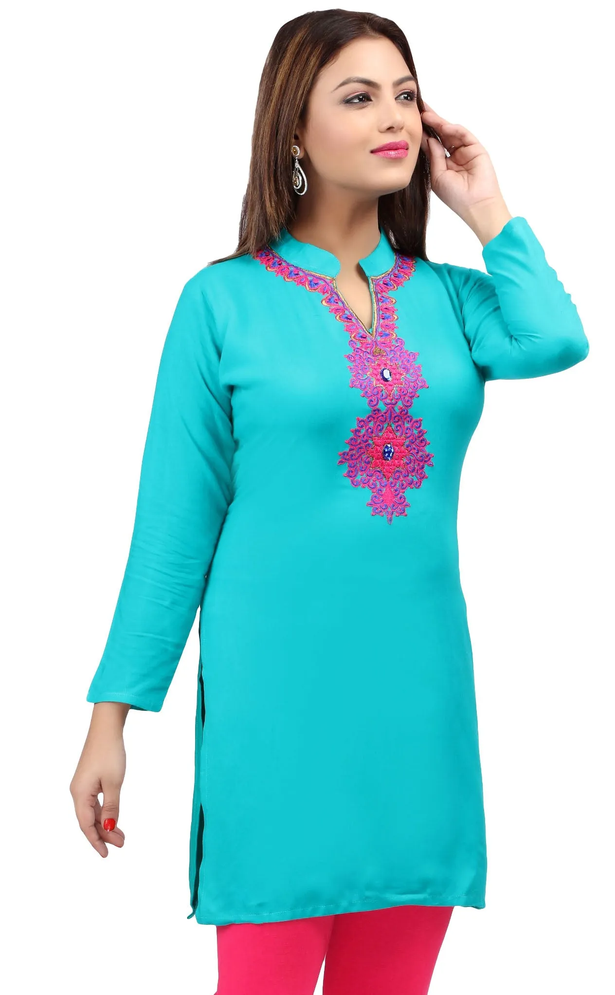 Short Kurti Women's Blouse Embroidered Indian Clothing (Turquoise)