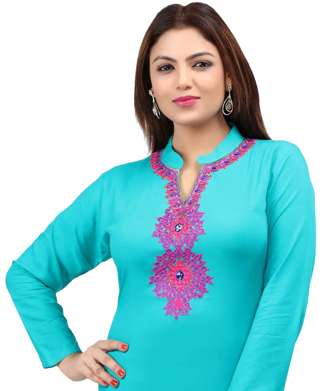 Short Kurti Women's Blouse Embroidered Indian Clothing (Turquoise)