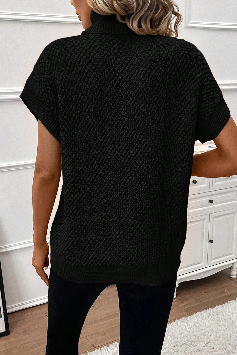 Short Sleeve Turtleneck Textured Black Sweater