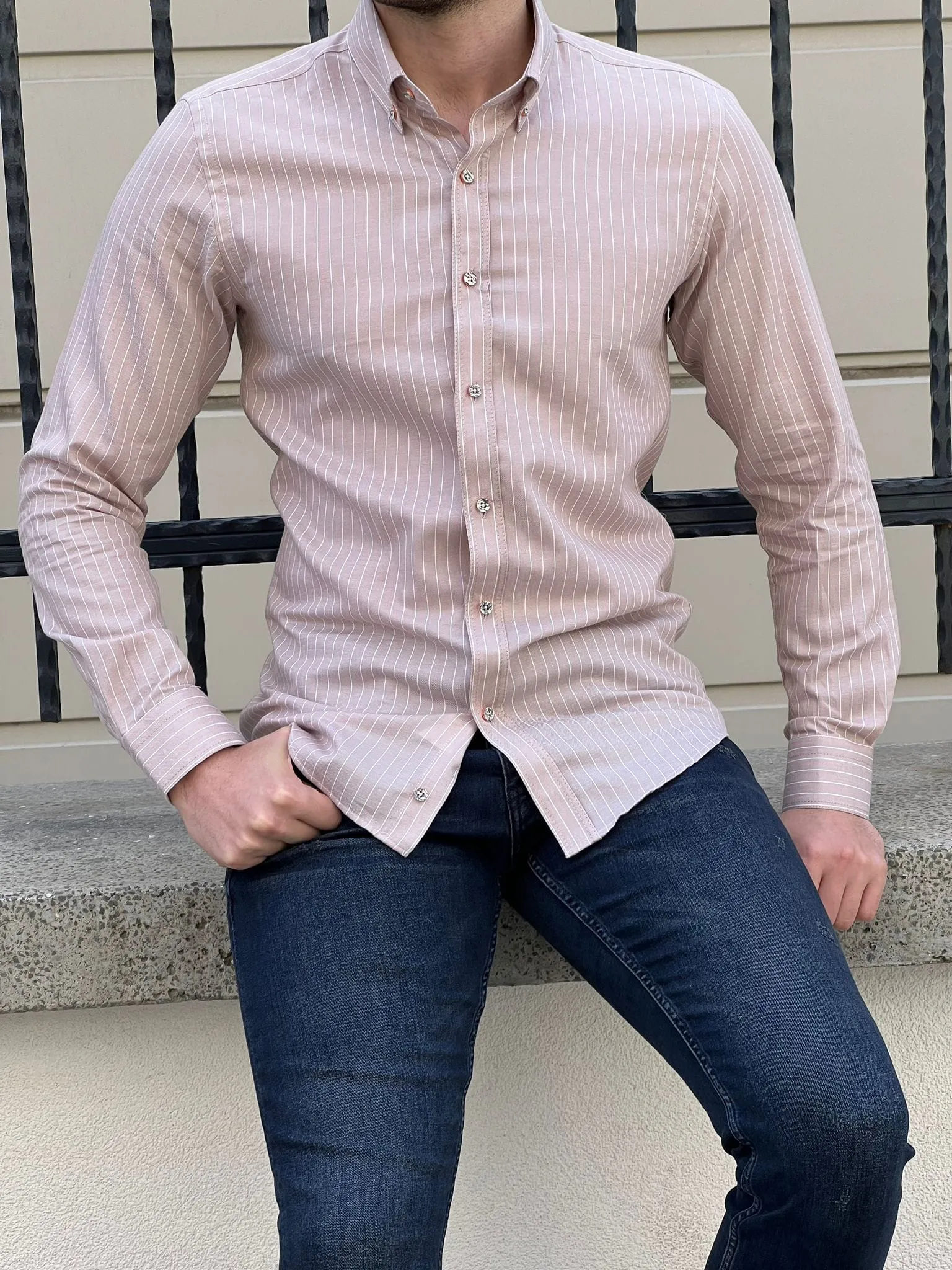 Slim Fit Striped Cotton Beige Shirt