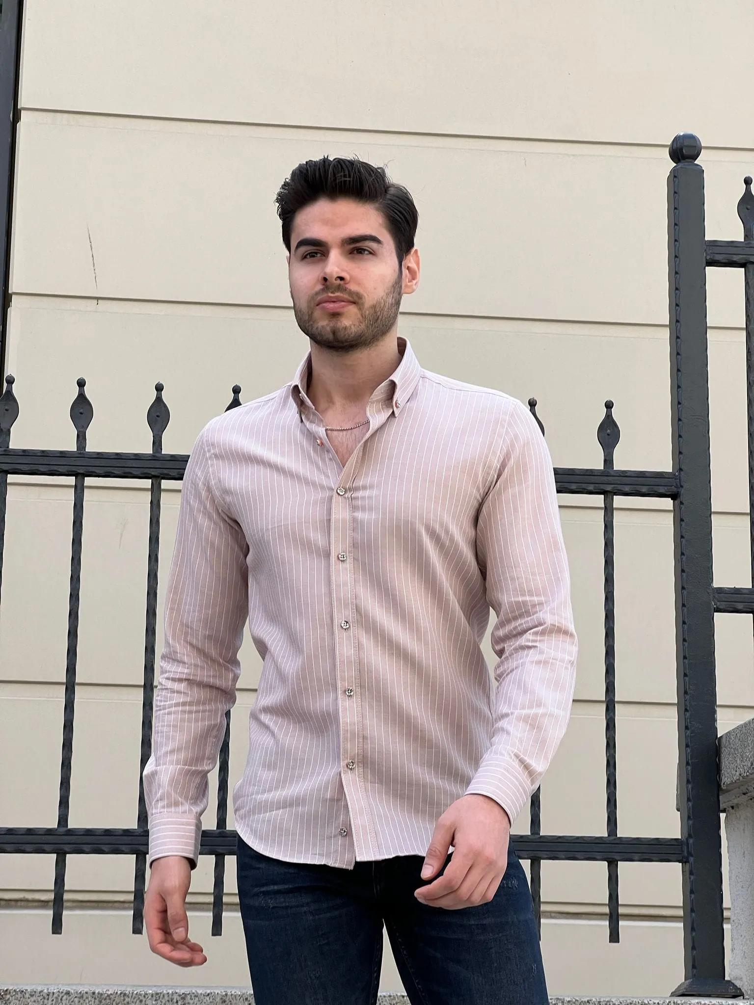 Slim Fit Striped Cotton Beige Shirt