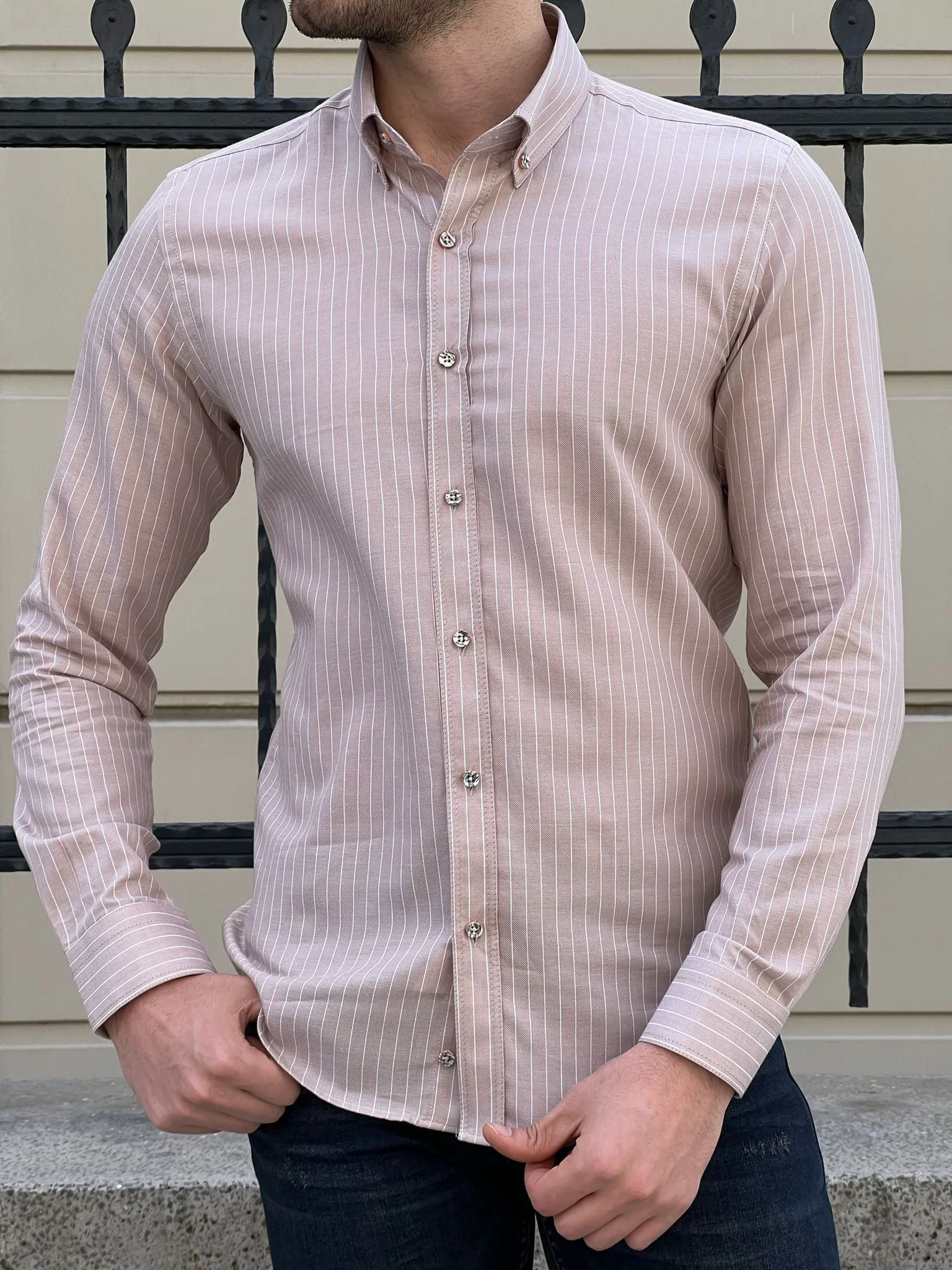 Slim Fit Striped Cotton Beige Shirt