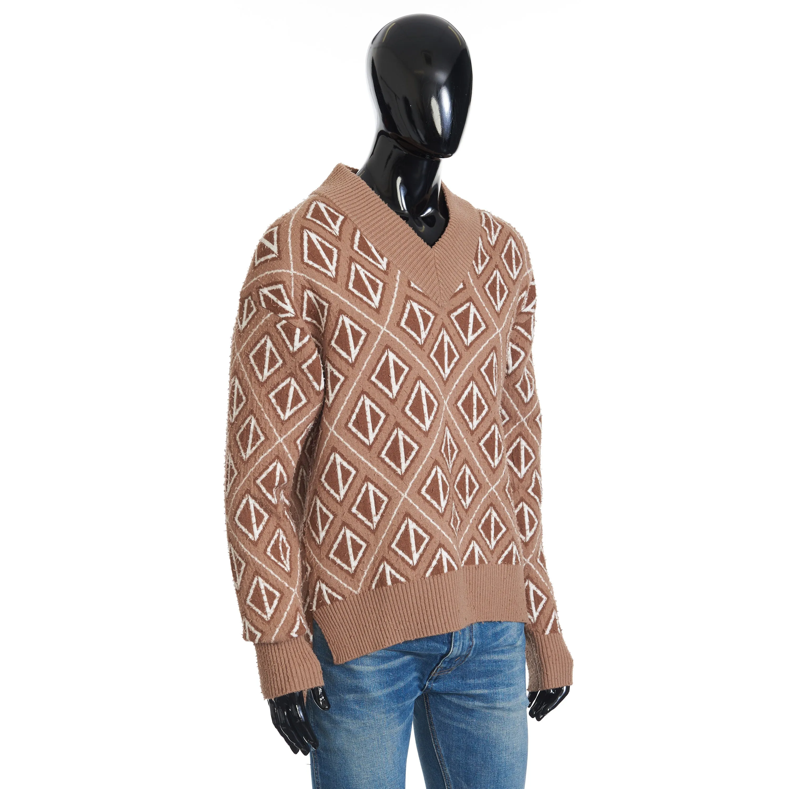 Sweater With CD Diamond Motif In Coffee Brown Wool and Cashmere Knit